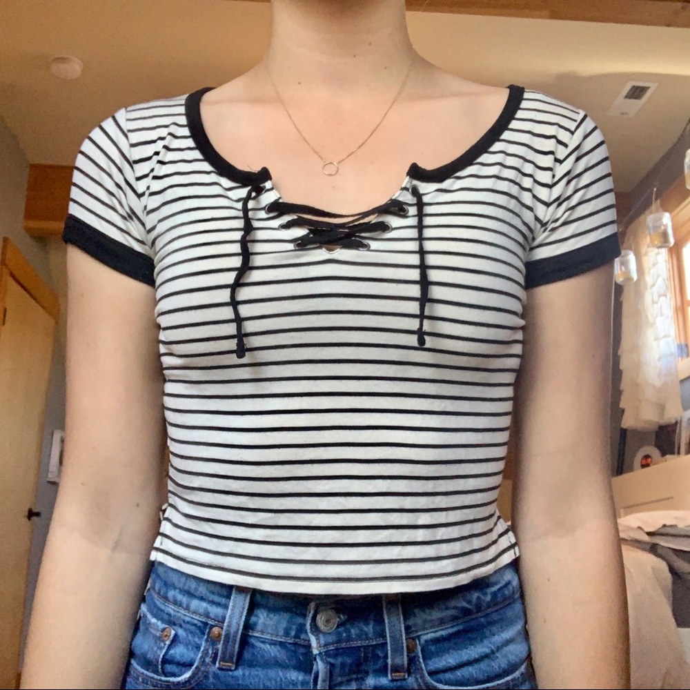 Empyre Striped Lace Up Cropped Tee